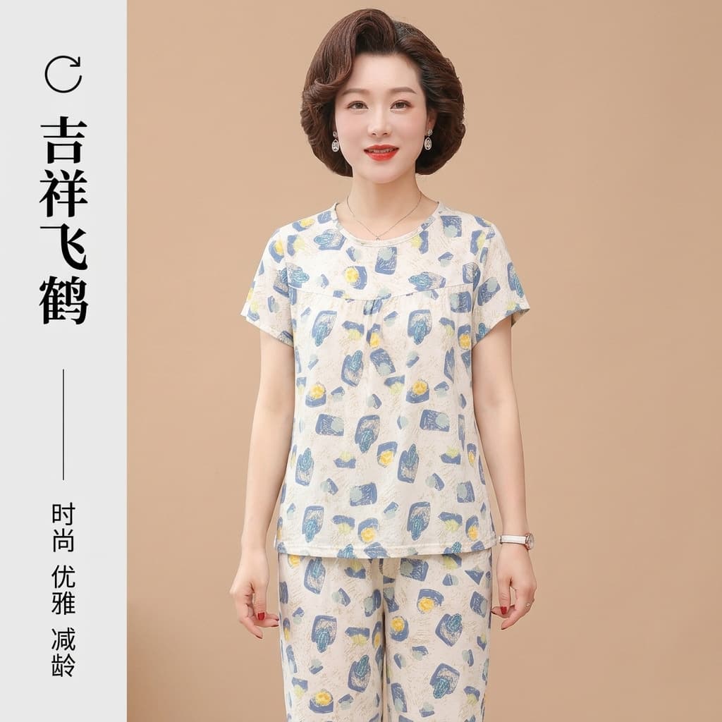 Women's Cotton Silk Pajamas Set - Summer Thin Loose Casual Plus Size Short Sleeve Sleep Pants, Wearable Outdoors Homewear