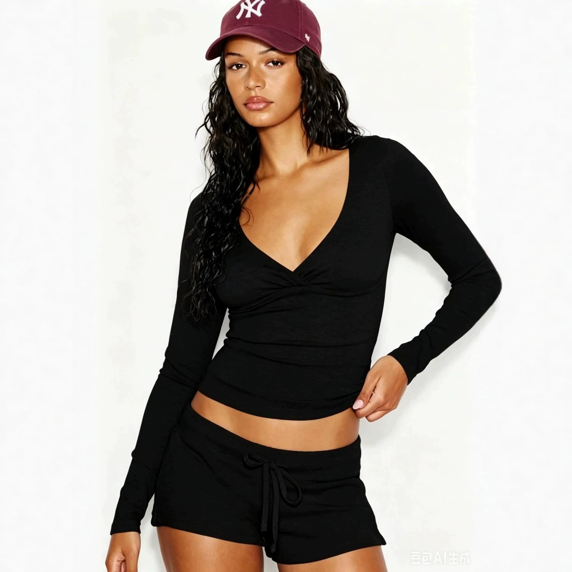 Women's casual black long-sleeved V-neck crop top and drawstring shorts two-piece set, extremely comfortable and fashionable.