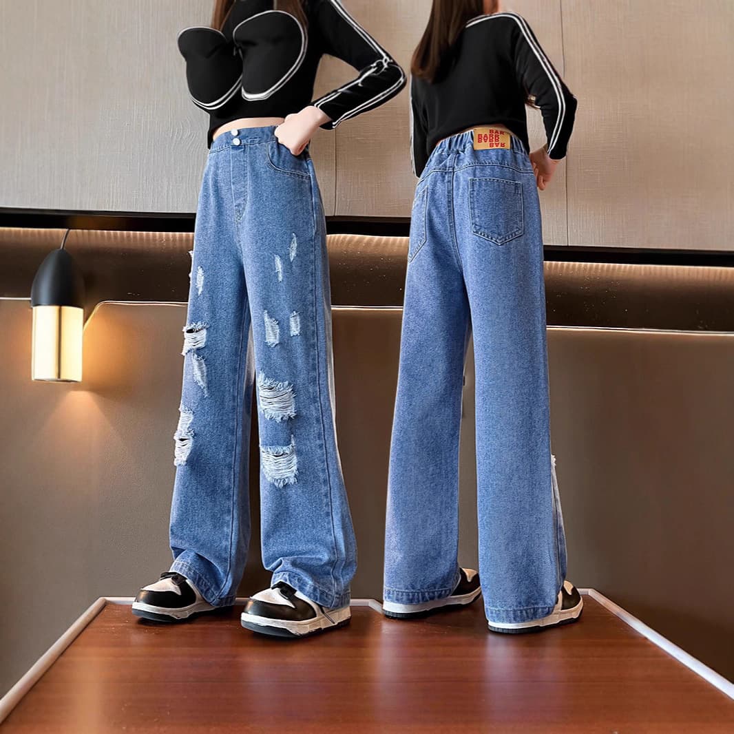 New Girls' Loose-Fit Versatile Jeans, Mid-Older Kids, Distressed Design, 2026 Fall New Arrival Long Pants