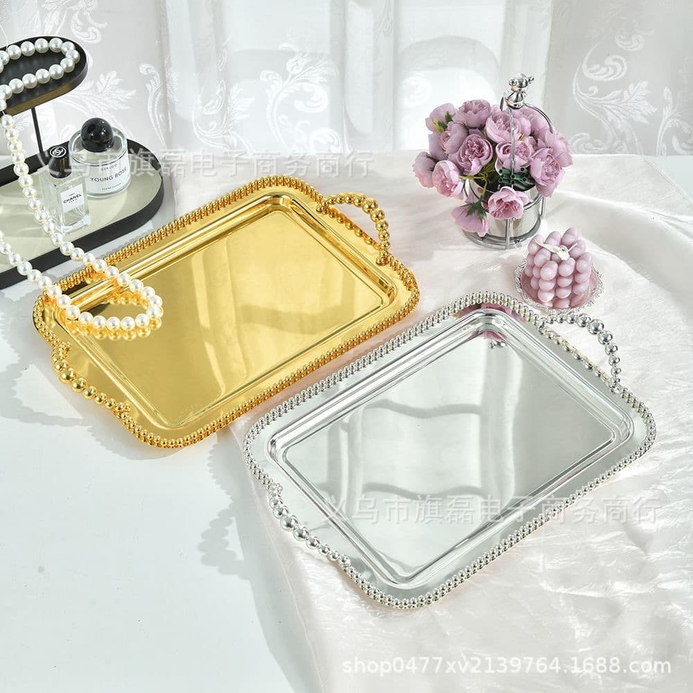 European Style Metal Silver-Plated Beaded Square Tray Fruit Plate Baking Cake Dessert Tray KTV Supplies