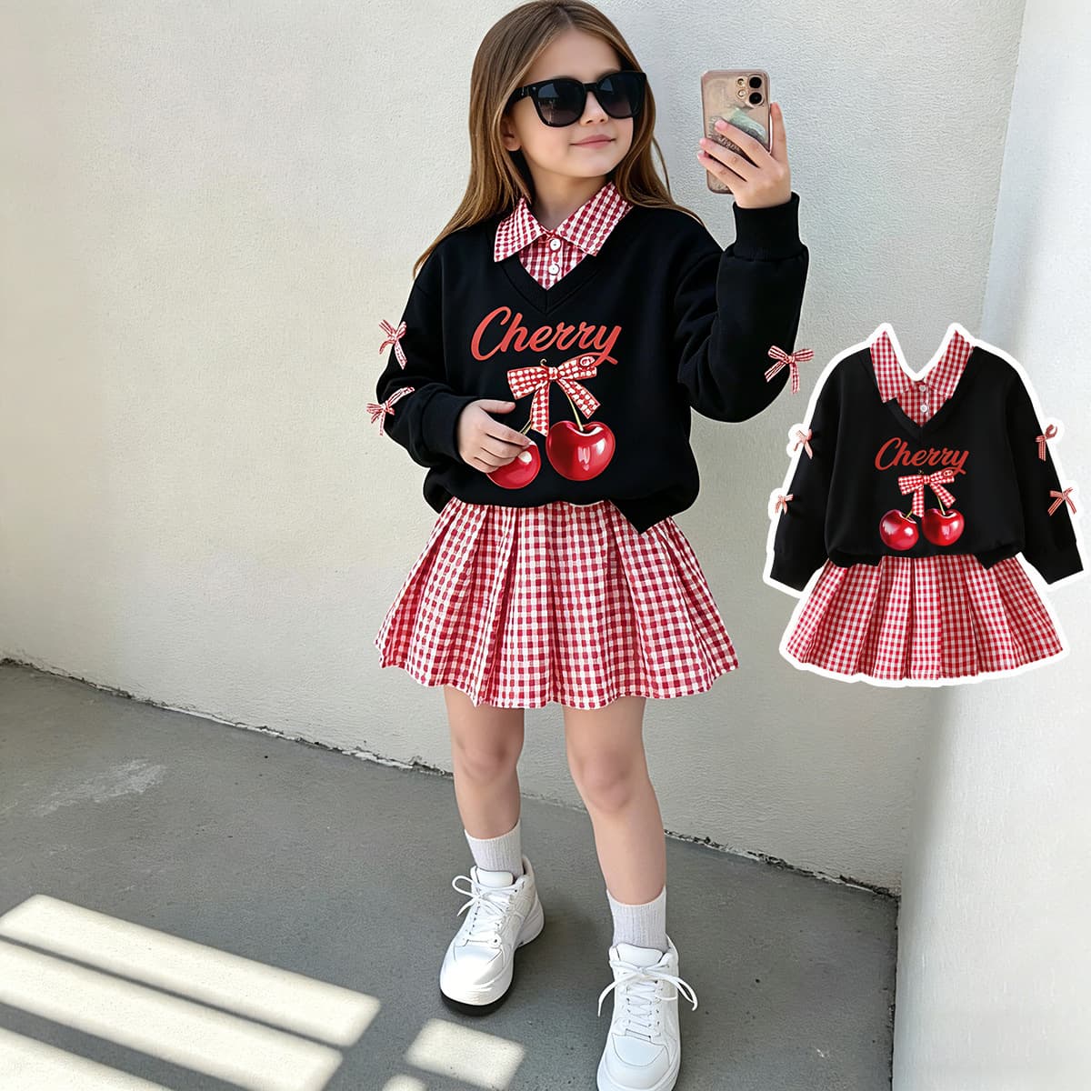 Young Girls Clothes 4-7Y Little Girl Spring/Autumn Long Sleeve Faux Two-Piece Sweatshirt + Skirt In Stock