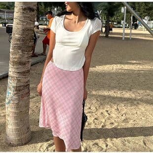 American Spicy Girl Pink Plaid Skirt Women Korean Summer High Waist Slimming Korean Style Simple A-Line Bodycon Skirt
