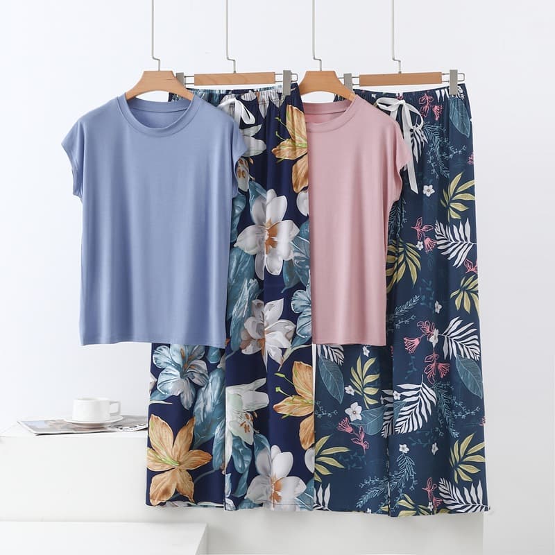 Modal short-sleeved + cotton silk wide-leg pants women's thin short-sleeved loose pajamas set can be worn outside home clothes new style
