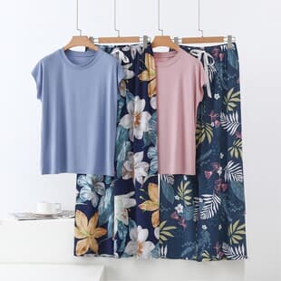 Modal Short Sleeve + Cotton Silk Wide Leg Pants Women Thin Short Sleeve Loose Pajama Set Wear Out Homewear New