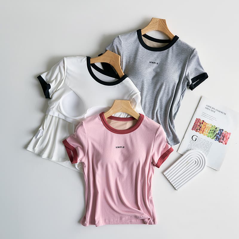 Padded Bust Short-Sleeve T-Shirt for Women, Summer Color-Block Casual Versatile Round Neck Top, No Bra Needed Slim-Fit Half-Sleeve Base Layer