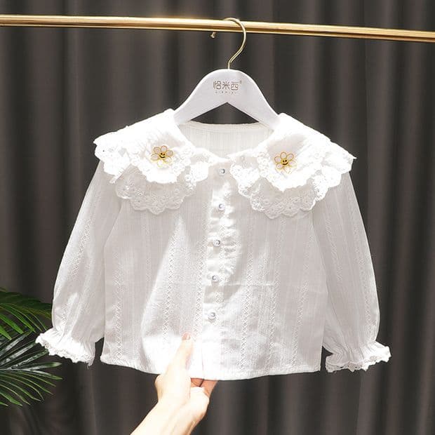 2025 Spring and Autumn New Girls Korean Style Lace Doll Collar Shirt Baby White Bottoming Cardigan Long Sleeve Top