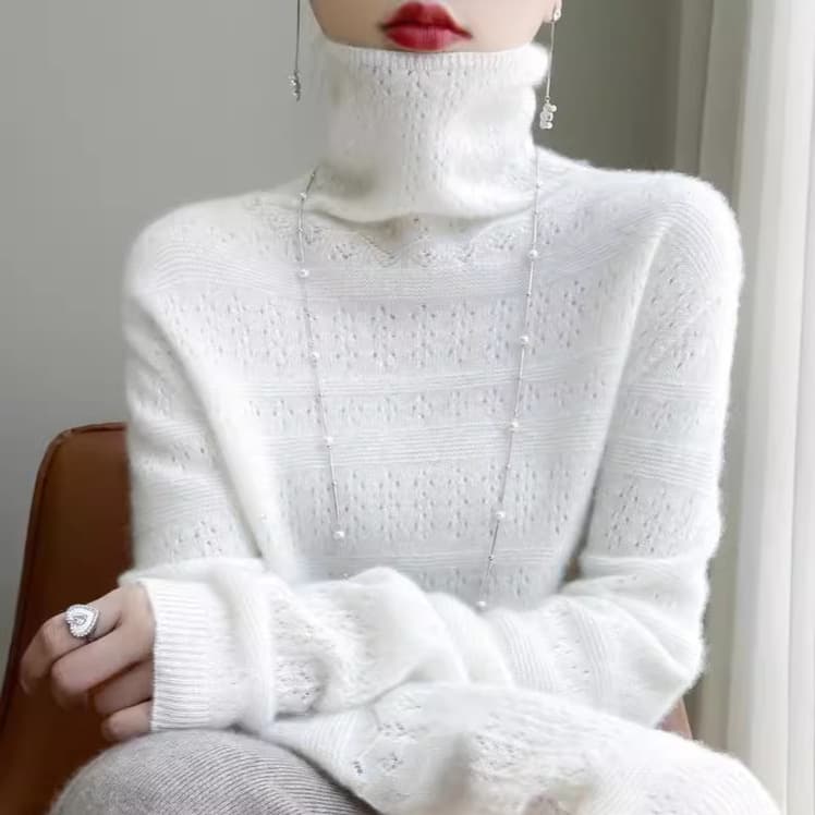 2025 Autumn/Winter New Chunky High Neck Fashion Hollow Knit Sweater Base Layer Top for Women