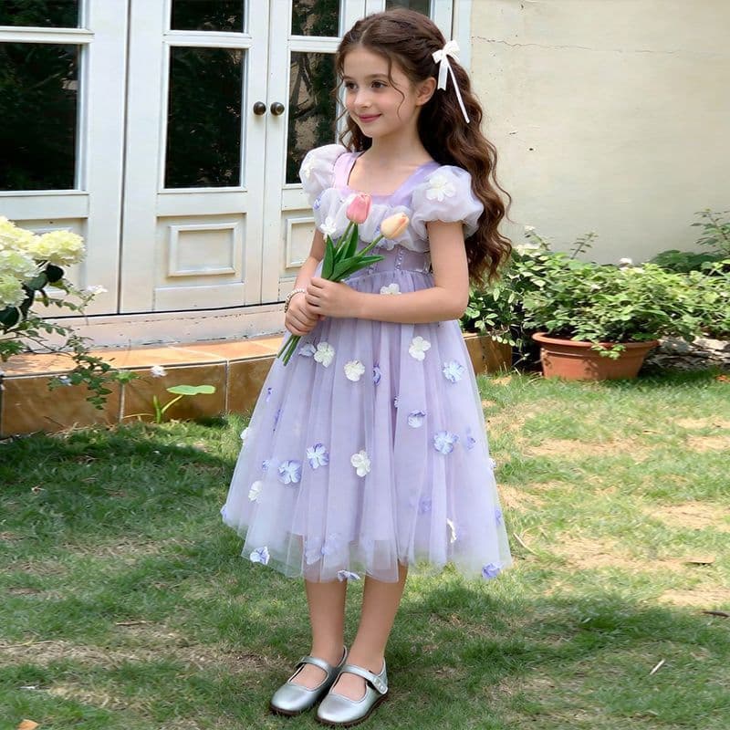 Girls Summer Princess Dress 3D Floral Mesh Dress Big Kid Birthday Party Puff Sleeve Dress