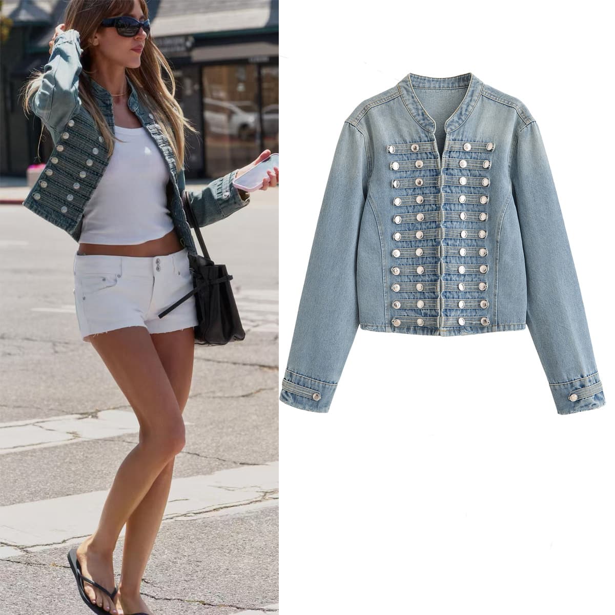 European and American cross-border women's clothing 2026 spring and autumn popular French temperament personalized design metal buckle short denim jacket