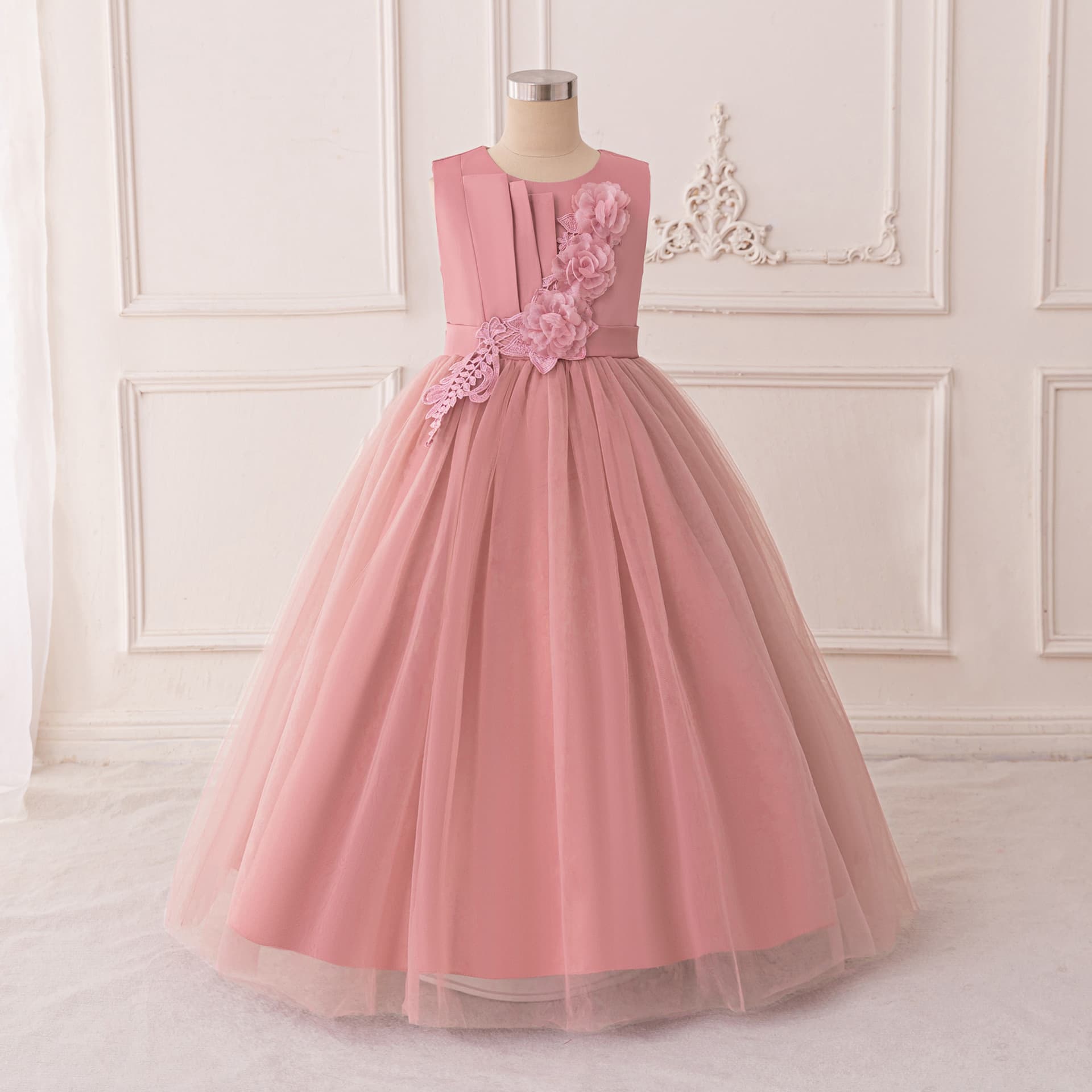 Children's Princess Wedding Dress, Piano Performance Outfit, Birthday Host Gown, Applique Mesh Long Skirt for Older Kids