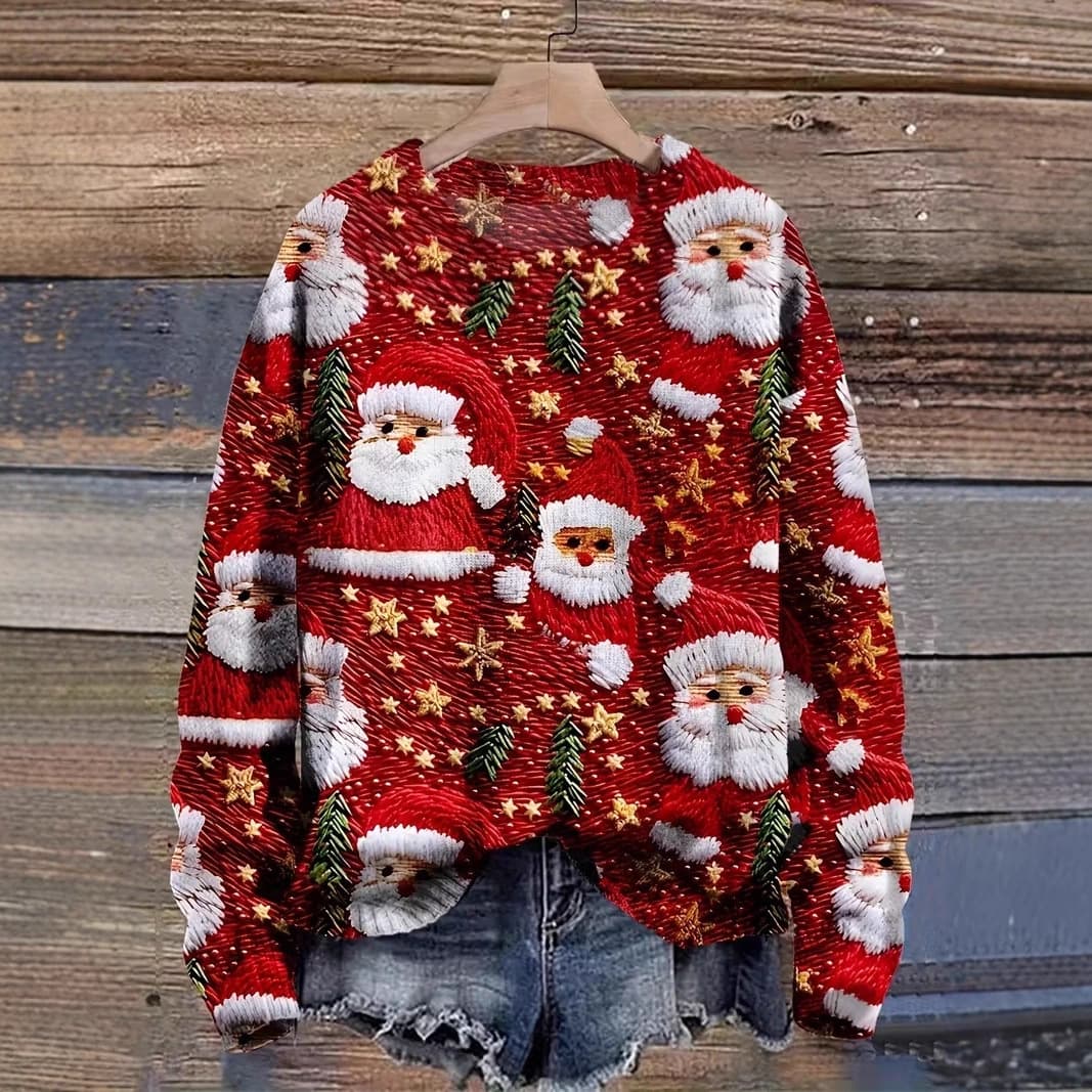 2026 Women's Christmas Sweater Autumn and Winter Santa Claus Round Neck Pullover European and American Style Pin POD One Piece Customized