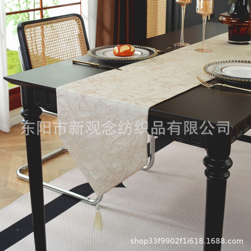 Manufacturer table runner new imitation silk three-dimensional jacquard tablecloth long table mat with tassel light luxury tablecloth table decoration