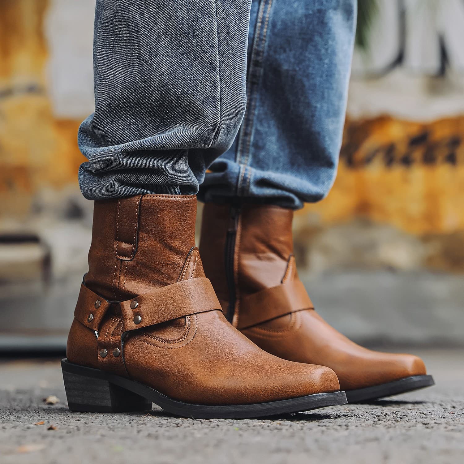 Orrick New Cross-Border 1034 Retro Short Boots Cowboy Boots Mid-top Men's Boots Studded High Heels Western Boots Zipper Bag