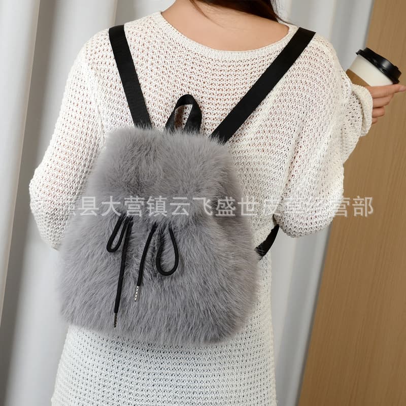 2025 New Faux Fox Fur Backpack Women College Student Casual Drawstring Flap Magnetic Buckle Large Capacity Bag Women