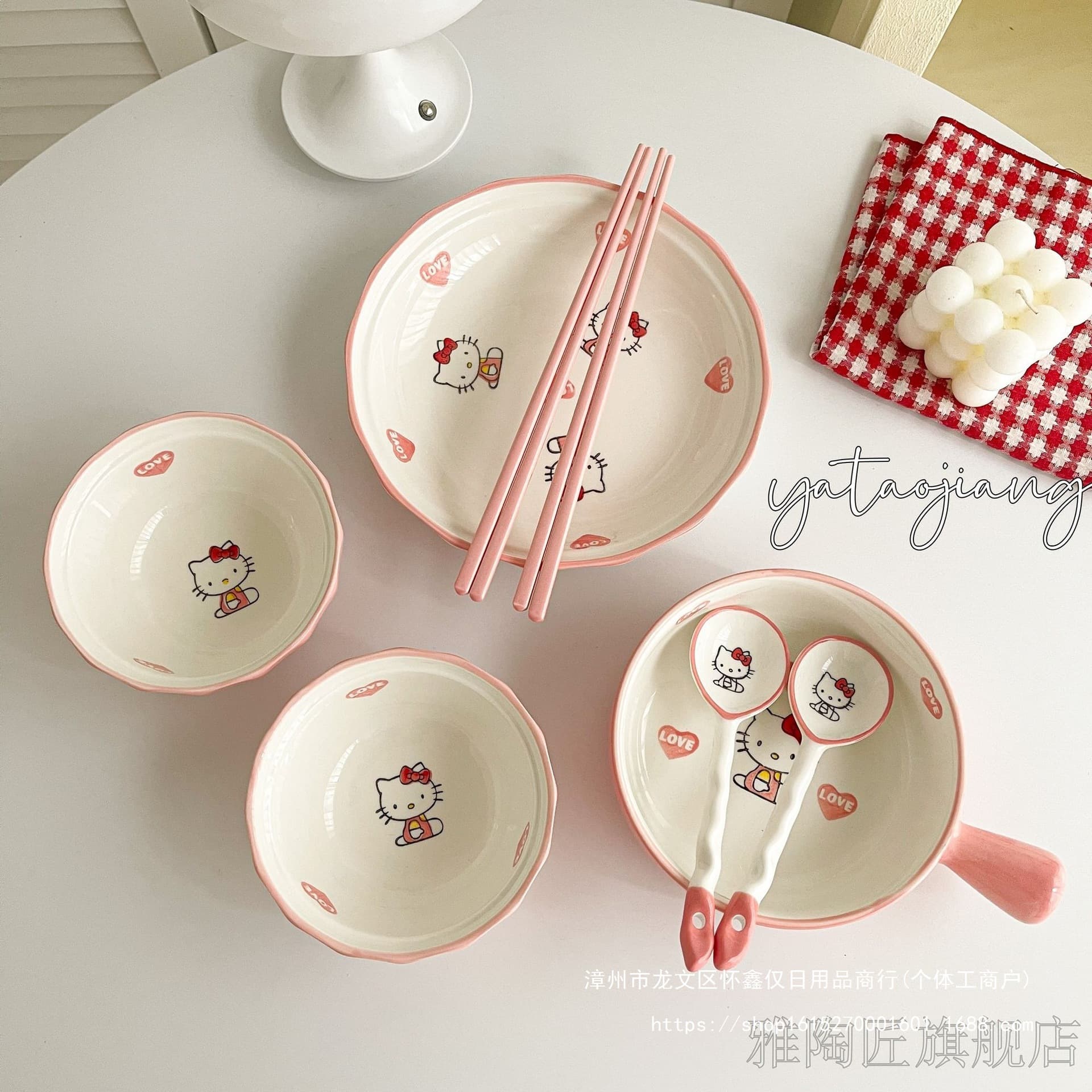 Hello Kitty Tableware Set for Two, Ins Style High-Gloss Ceramic Bowls and Spoon Set, Noodle Bowl