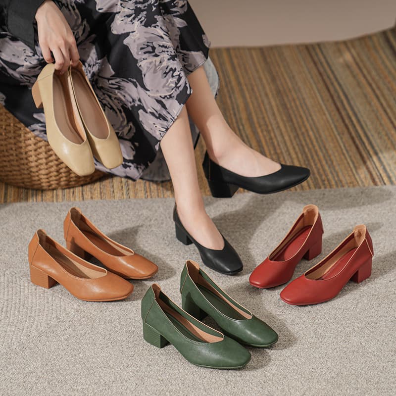 Vintage Grandma Shoes for Women, Retro Soft Leather V-Cut Mid-Heel Fairy High Heels, Chunky Heel Mary Jane Shoes, Women's Summer Shoes