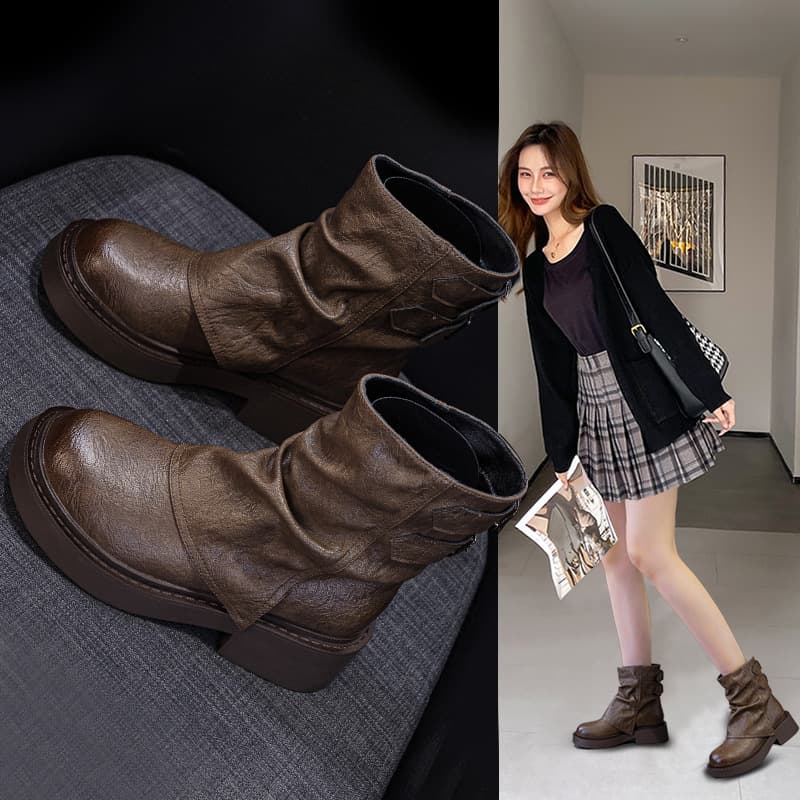 British style short boots for women 2025 new autumn and winter pleated knight boots thick-soled trouser boots for women pile student boots