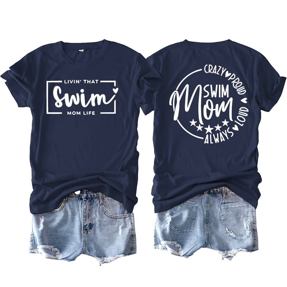 Cross-border Amazon Source Swim Mom Front and Back Printed Short Sleeve T-Shirt Women's Summer Casual Loose Fashion