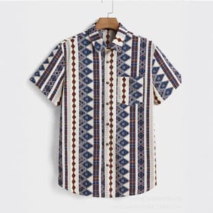 25 New Cross-Border Cuban Loose Men's Shirt, Amazon Hot Selling Printed Casual Men's T, Hawaiian Beach Men's T