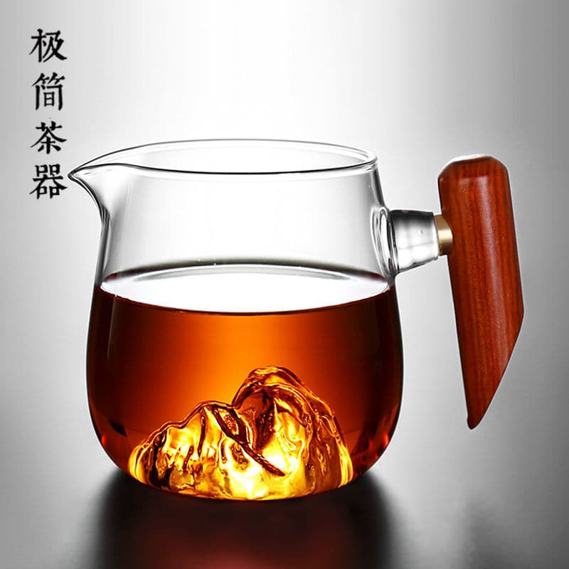Wooden Handle Glass Fair Cup with Creative Mountain View Design, Premium Borosilicate Glass Teapot Pitcher, Minimalist Tea Server