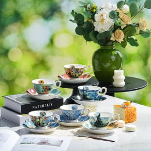 English Bone China Afternoon Tea Cup and Saucer Set with Gold Rim, Creative Oil Painting Series, Gift for Home Coffee Use