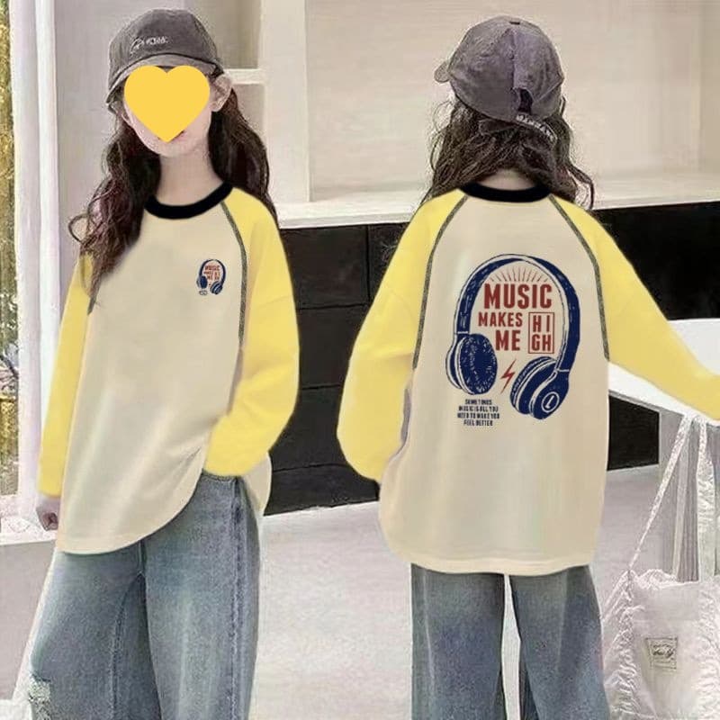 Girls' Pure Cotton Long-Sleeve Autumn Top, Korean Style Casual Raglan T-Shirt with Cute Cartoon Print