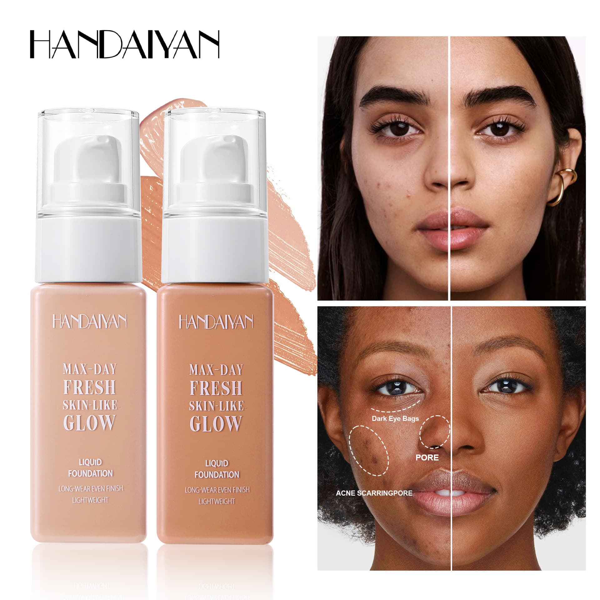Cross-Border Liquid Foundation in Stock to Enhance Complexion Handaiyan Square Tube Liquid Foundation Long-Lasting Waterproof Concealer Liquid Foundation