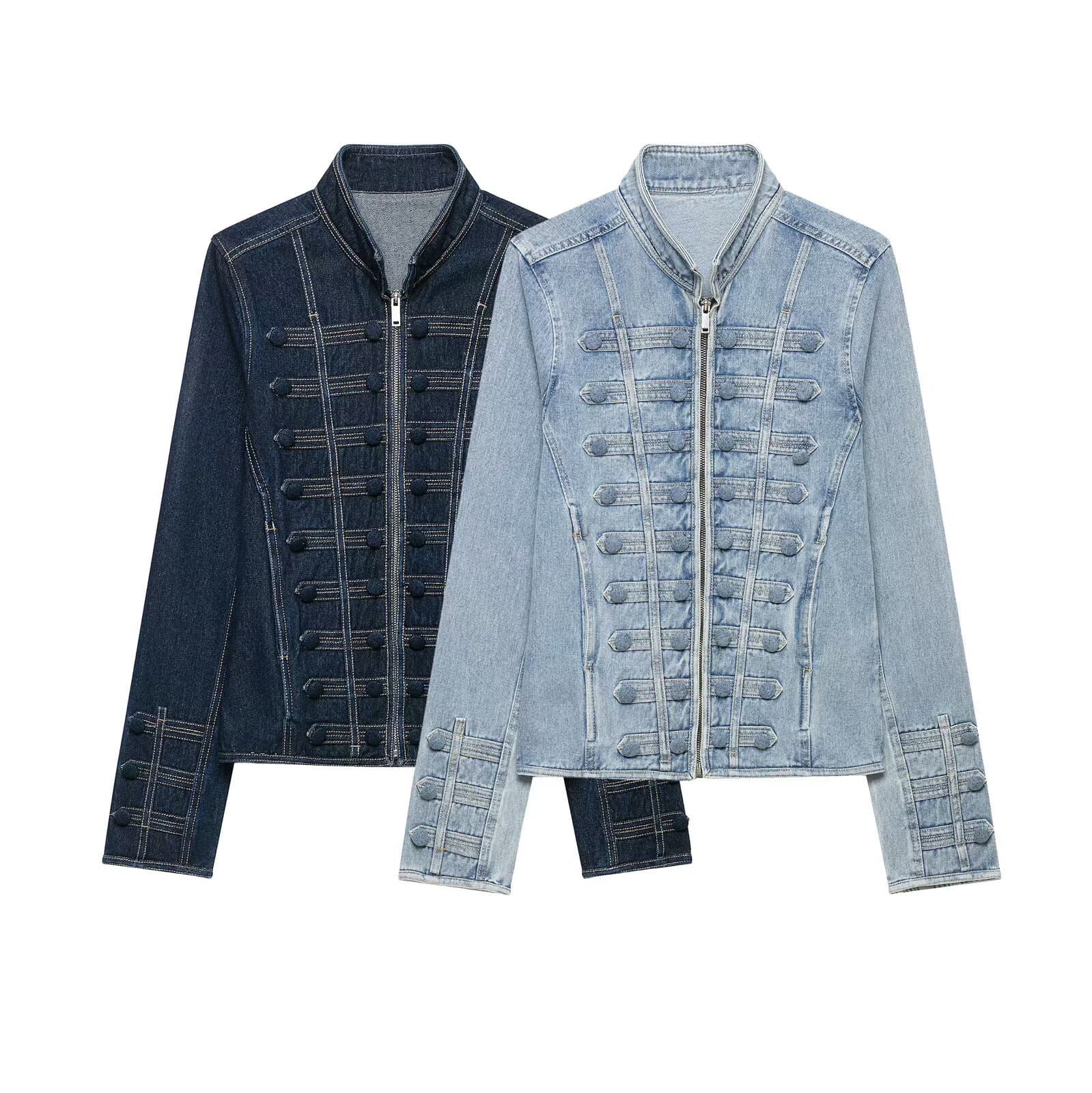 PB&ZA foreign trade new women's round neck long sleeve metal zipper button decorated waist denim jacket 762704