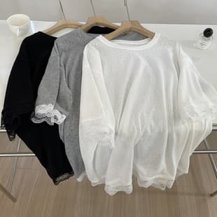 Designed with lace-trimmed cuffs, fashionable short-sleeve T-shirt for women, Korean-style age-defying loose fit, slimming half-sleeve top for summer