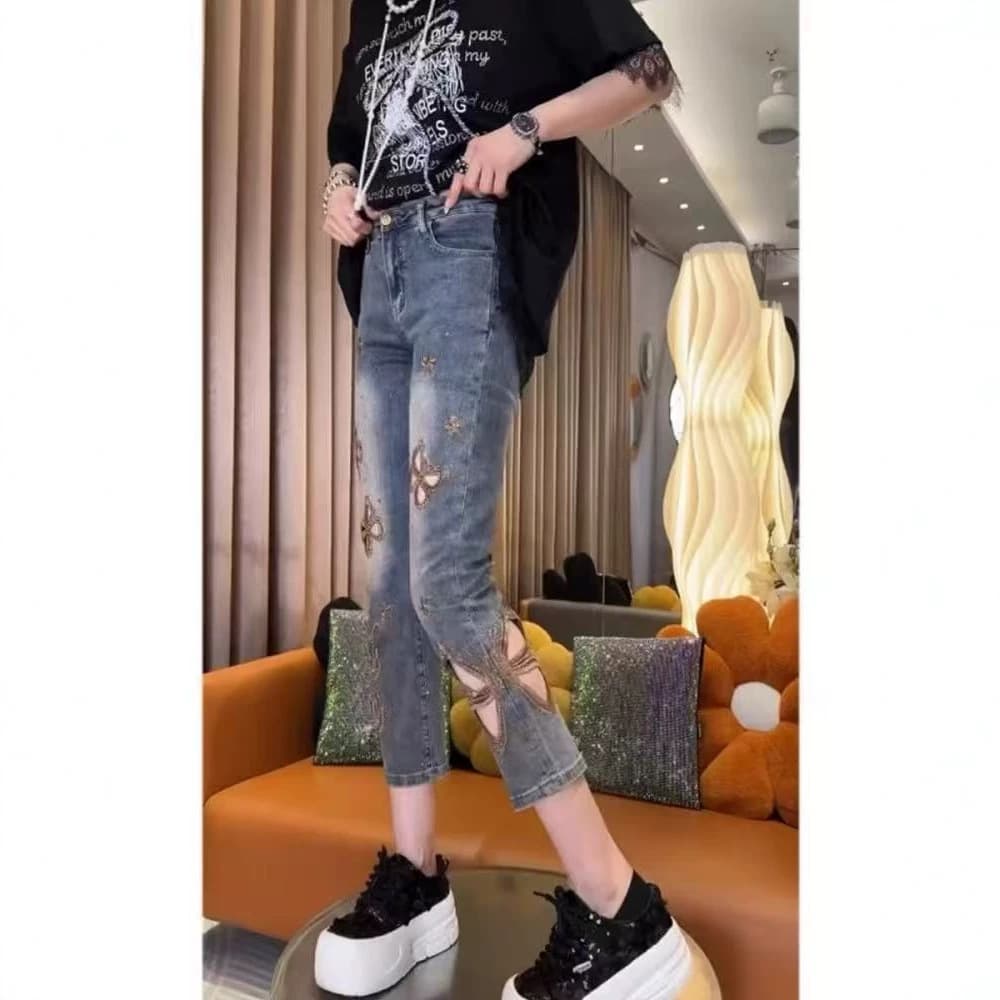 Hollow hot diamond jeans for women summer thin large size pear-shaped body fat mm high waist slim straight pants for small people