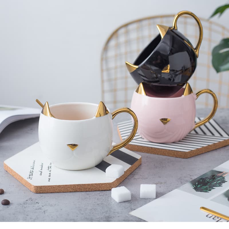 Cross-border Simple Gold Rim Cat Ceramic Mug, Student Couple Water Cup, Office High-Value Cute Gift Mug