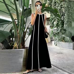 European and American Style Contrast Stripe Sleeveless Long Dress Women Summer Loose Straight Dress Fashion Casual Plus Size Women's Clothing