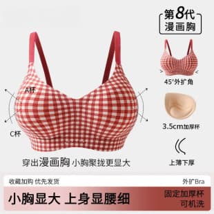Push-Up Bra for Small Bust, Red and White Plaid Women's Bra A to C Cup, Side Fat Control Anti-Sag Padded Cup Bra