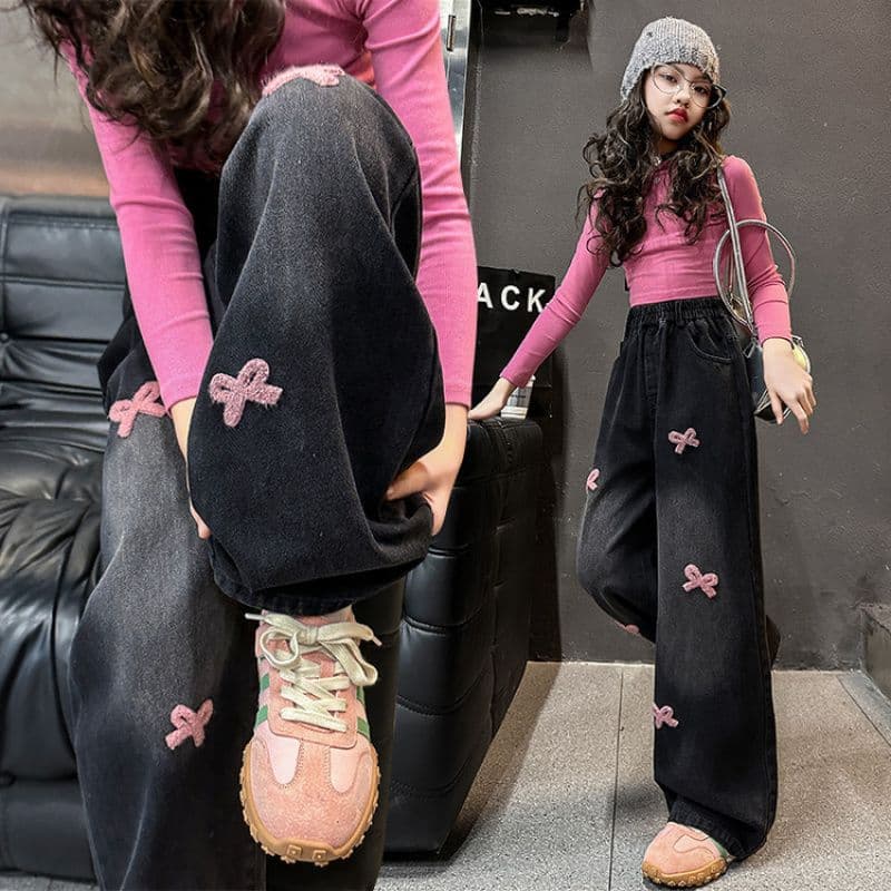 2026 New Girls' Jeans Spring Outfit Big Kids Black Pants for Girls Spring and Autumn Children's Wide-Leg Pants Middle School Students