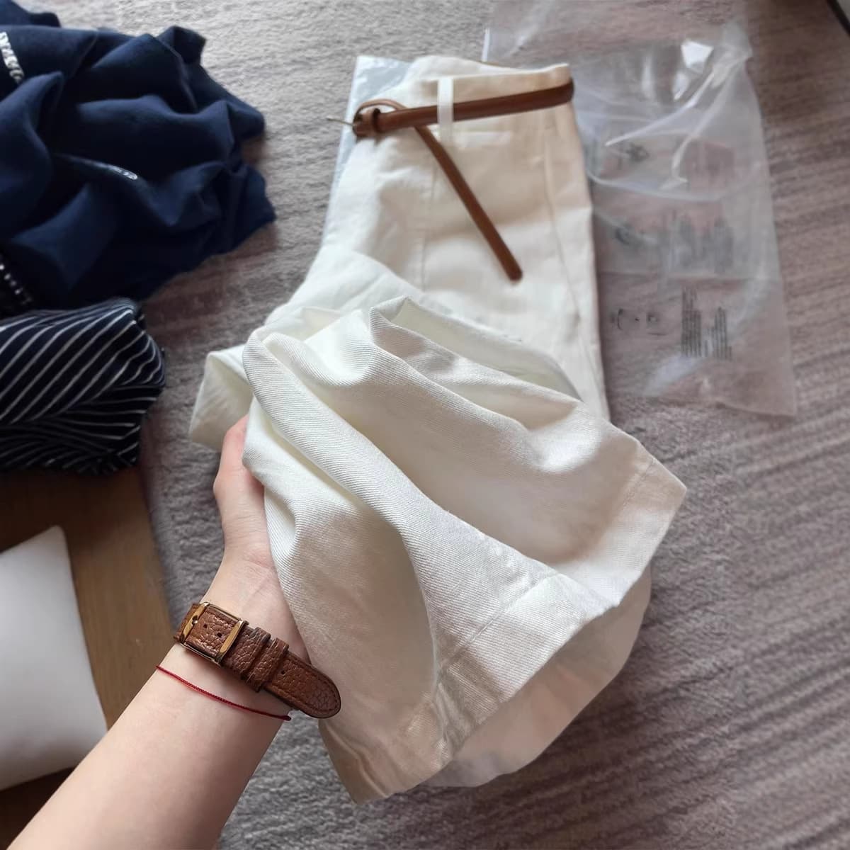 Women's Korean Style White Tencel Wide Leg Pants, Spring and Summer, Slimming with Belt, Versatile Textured Casual Pants
