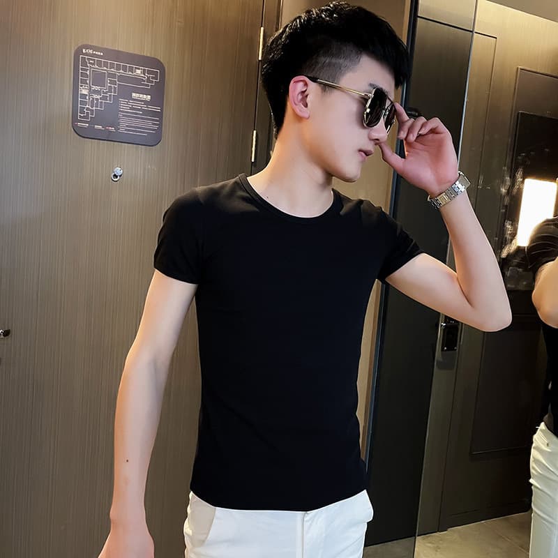 Summer Men's T-Shirt Base Layer Short Sleeve Slim Fit Tight Personalized Fast Fashion Trendy Round Neck Solid Color Versatile Ins Style