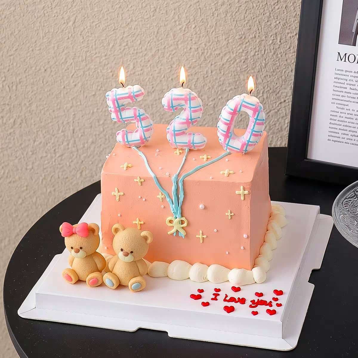 520 Valentine's Day Cake Decoration Balloon Number Candle Plug-in Couple Sitting Pink Blue Bear Dress Up Ornament