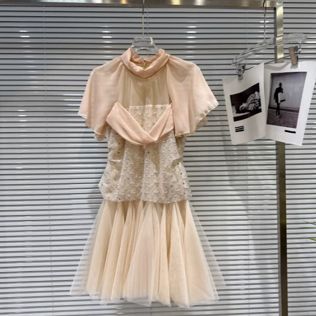 2026 Summer New Arrival Light Luxury Pearl Beaded Chiffon Short-Sleeve Dress for Women