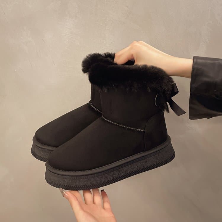 Fleece-Lined Thick Snow Boots Slip-On 2025 Winter New Thick Sole Furry Bow Warm Plus Size Cotton Shoes