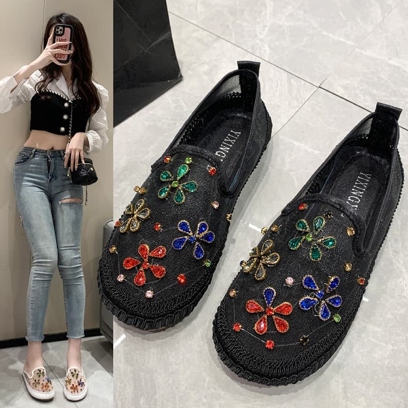 2026 Spring/Summer Women's Casual Shoes, Korean Round Toe Mesh with Rhinestones, Slip-on Loafers, Breathable Mesh Wholesale