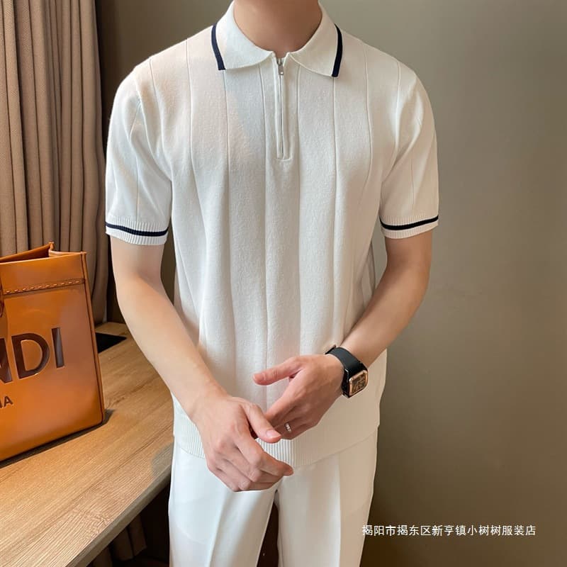2026 Korean style summer short-sleeved lapel casual sweater simple small fragrance striped half-zip polo shirt