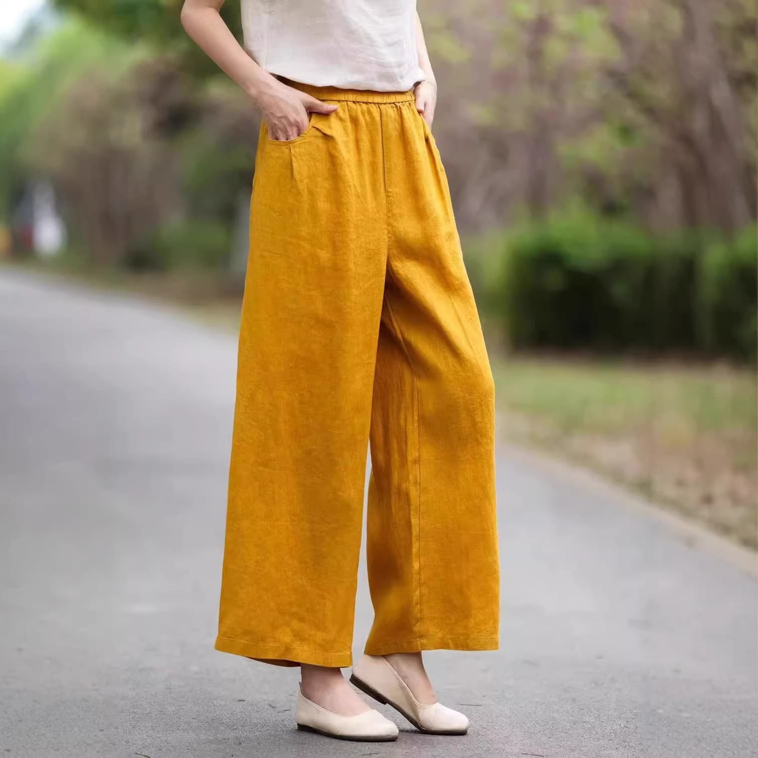 Women's Cotton Linen Thin High-Waist Wide-Leg Pants Loose Slimming Straight-Leg Pants Versatile Elastic Waist Cropped Casual Pants