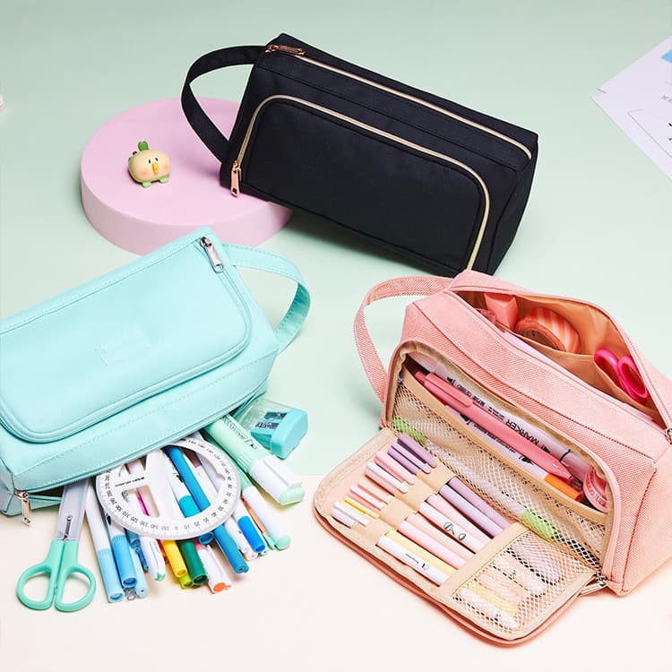 Korean version large-capacity trapezoidal pencil case portable multi-functional stationery box canvas simple double zipper student pencil cross-border