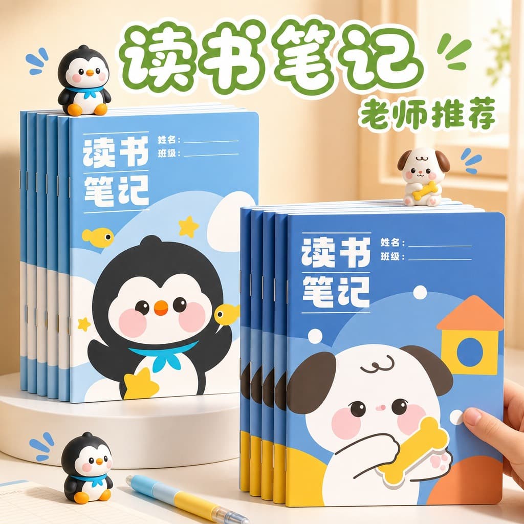 Elementary school students' excerpts, cute cartoon A5 line stationery, high-looking b5 reading notebook, flip-side soft copy