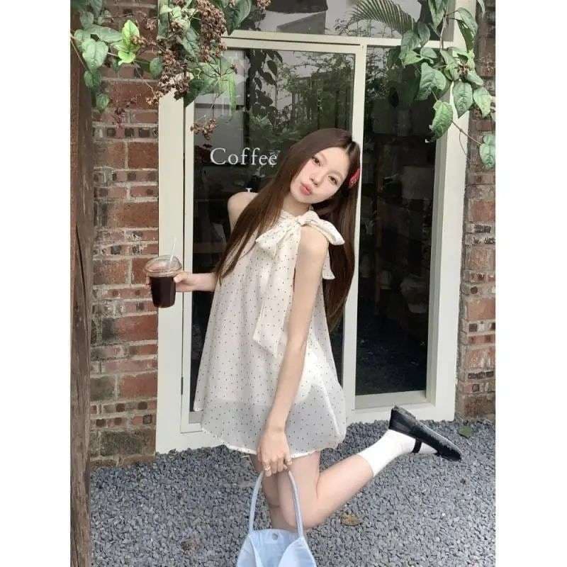 Bow Polka Dot Halter Shirt Women's Summer New French Gentle Style Sleeveless Shirt Design Niche Top