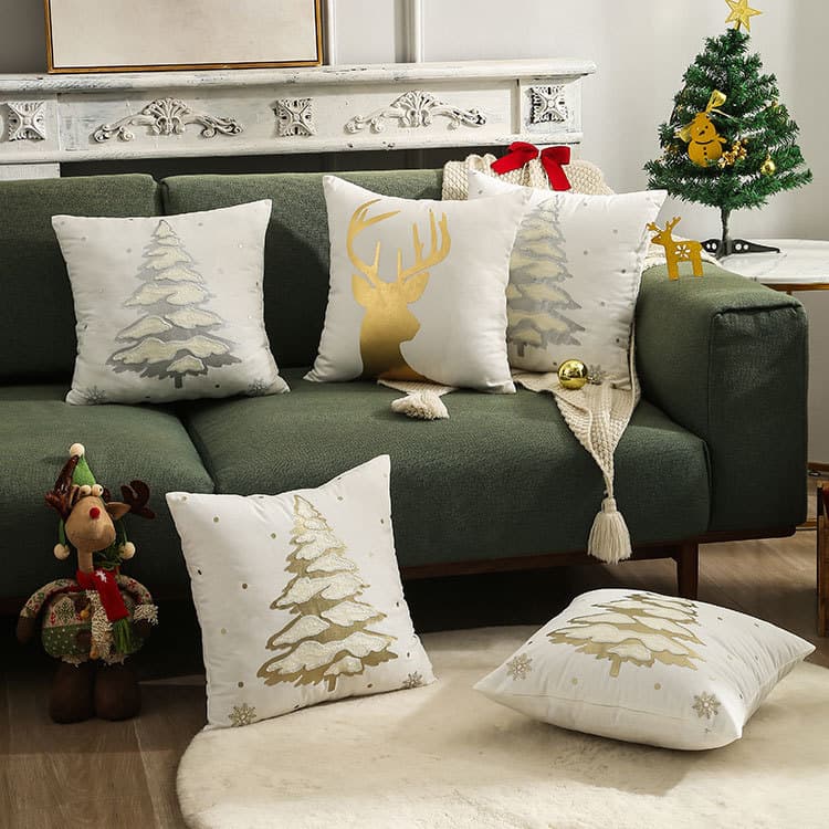 Golden Deer Christmas Tree Embroidery Pillowcase Autumn/Winter Snowflake Design 45*45 Cushion Cover Home Decor Hot Sale