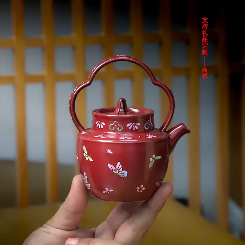 Yue Rui alum-red hand-painted lifting beam kettle with filter holes, high-end tea room brewing vessel, creative ceramic teapot single pot