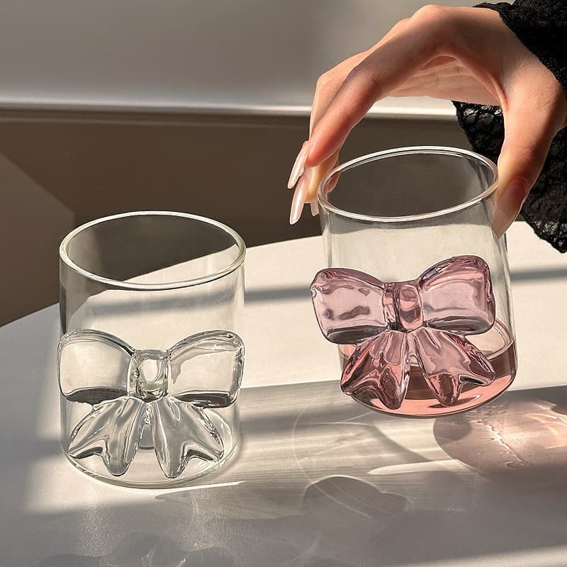 Pink bow handleless glass ins style high-looking girl high borosilicate glass drink cup sparkling wine cup