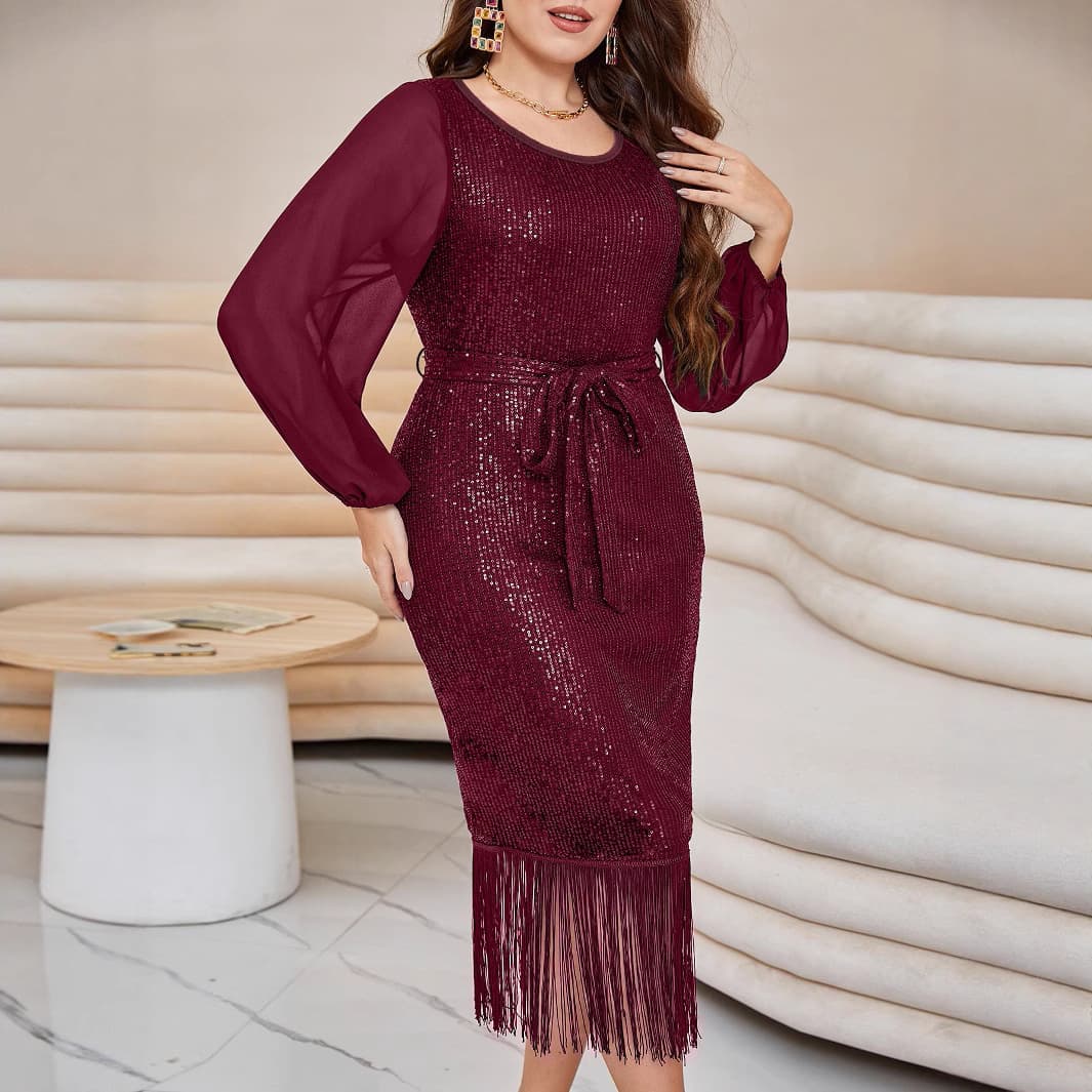 In Stock Plus Size Round Neck Vintage Sequin Fringe Evening Dress Bridesmaid Dress Sequin European and American Style Dress for Women