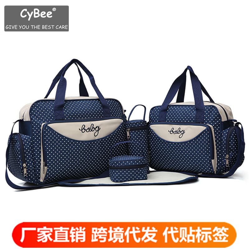 New polka dot fashion crossbody large capacity diaper bag five-piece set for outings, mother and baby bag, handbag, shoulder bag